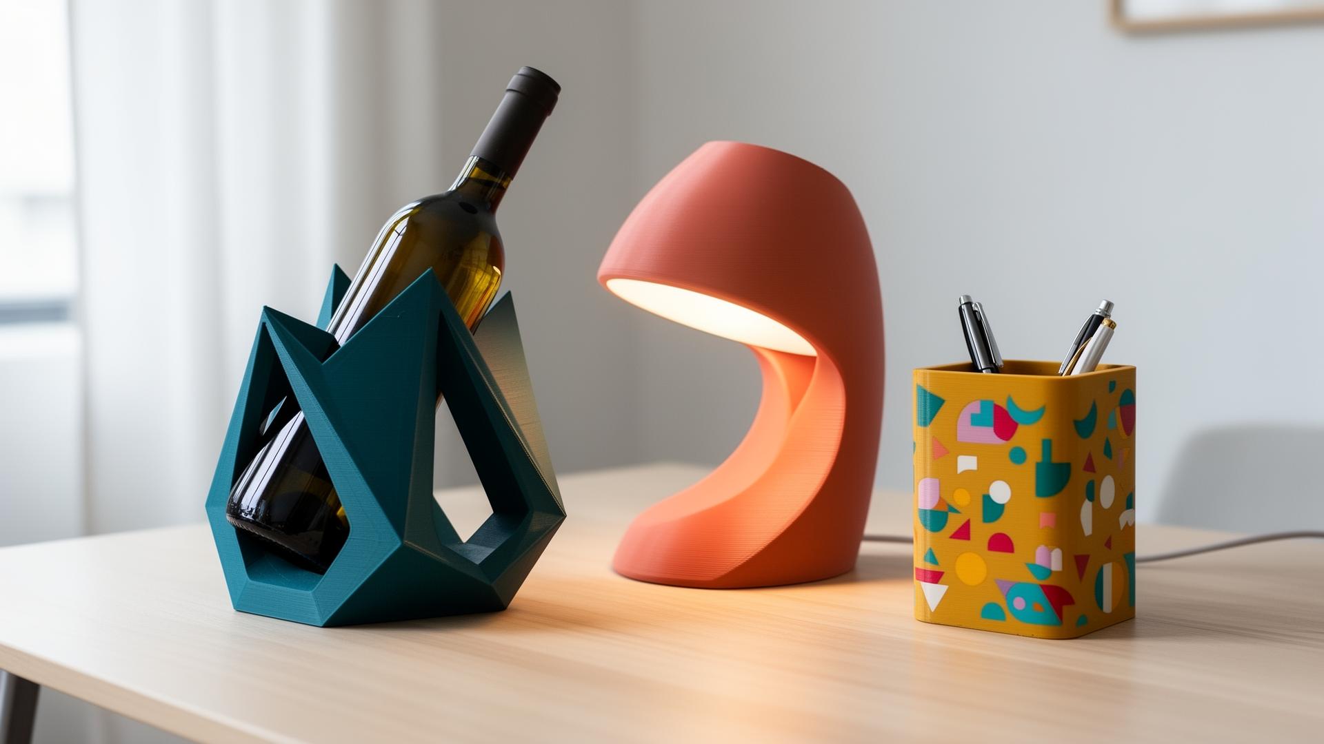 Trio d'objets imprimés en 3D : porte-bouteille, lampe et porte-stylos
