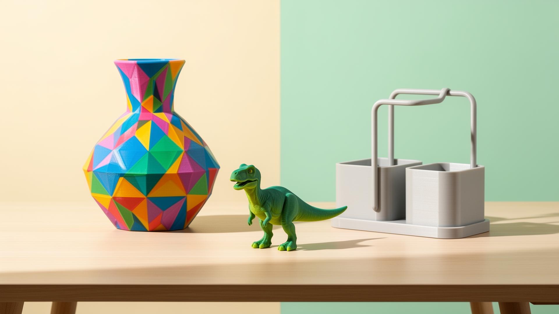Vase, figurine de dinosaure et organiseur de bureau imprimés en 3D