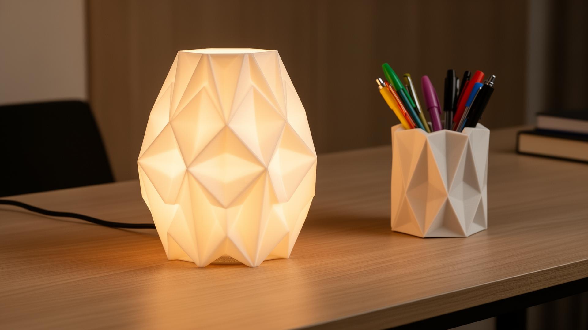 Lampe origami et pot à crayons imprimés en 3D